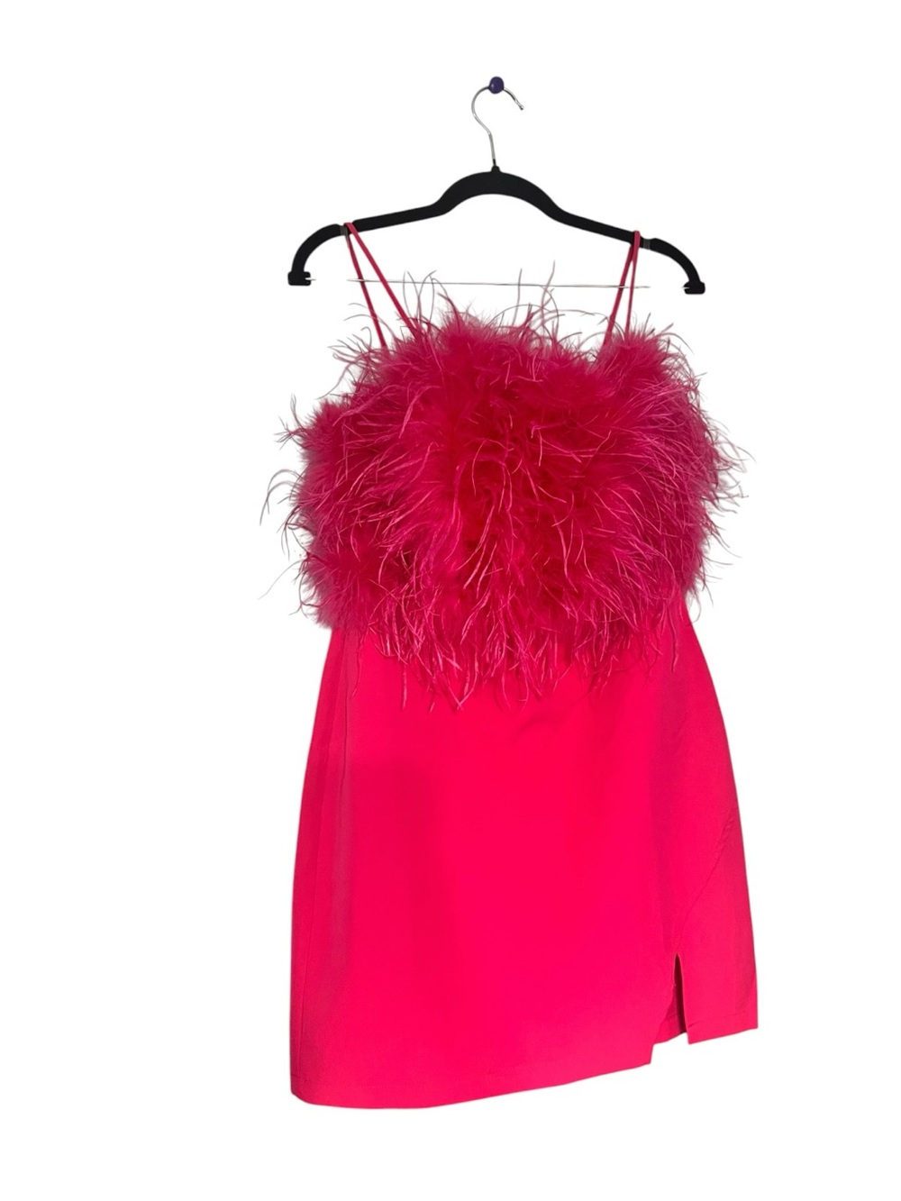 Main Strip Hot Pink Feather-Trim Mini Dress